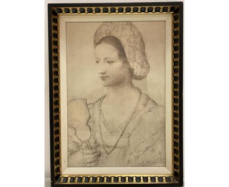 After Bernardino Luine, portrait of a lady with fan, Medici print in gilt ebonised glazed frame, (35cm x 24cm - excluding fra