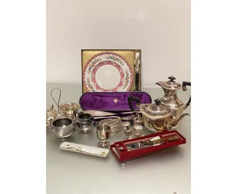 An Epns panelled coffee pot and teapot, thistle Epns three-part condiment set, an Epns christening style mug, a pair of Epns 