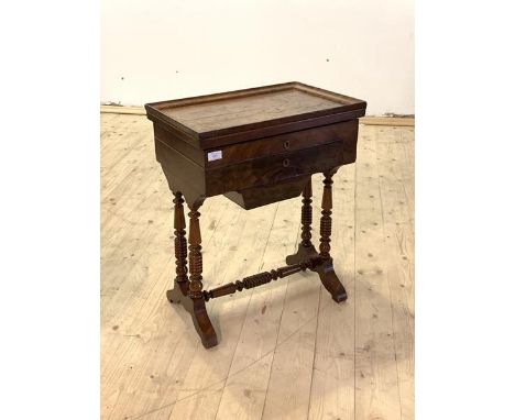 A Victorian figured mahogany work table, with hinged top revealing fitted interior, over drawer and sliding storage well, rai