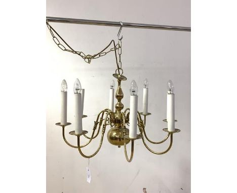 An eight branch gilt brass Dutch style chandelier, H46cm