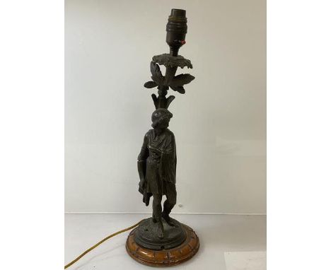 A Grand Tour style cast metal sculptural table lamp in the form of a classical youth on circular base, (48cm to top) a/f