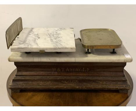 W&amp;T Avery, a set of vintage grocers scales, with brass and marble counters on a marble and moulded oak base, with gilt st