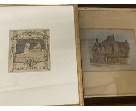 An early 20thc print, couple kneeling and reading before Sphinx, inscribed Ex Libris, Fred J M Christie, (12cm x 11cm), a wat