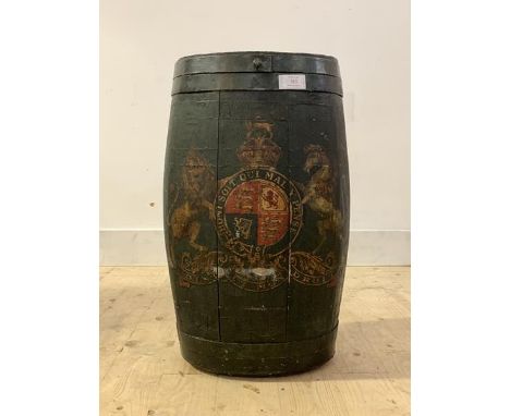 A coopered rum barrel stick stand:, the barrel with gilt armorial lithograph transfer to dark green painted body, H62cm