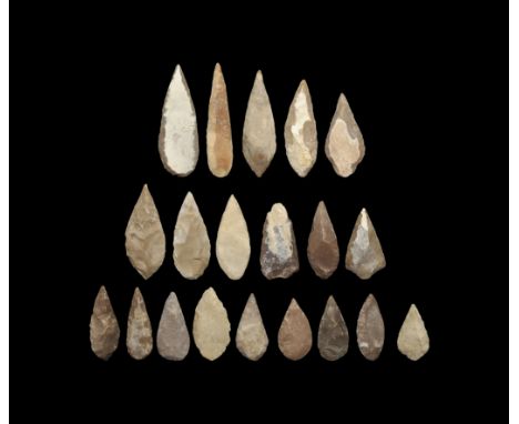 5th-3rd millennium BC. A mixed group of extremely large stone arrowheads comprising: well worked bifacial arrow heads of vari