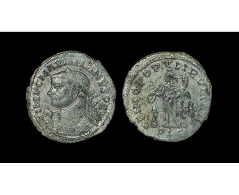 301-303 AD, first reign, Lugdunum mint. Obv: IMP C MAXIMIANVS P AVG legend with laureate and cuirassed bust left holding glob