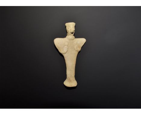 1600 BC. A standing ceramic female fertility figure with an applied necklace and hairstyle, hands to the breasts, conical bas