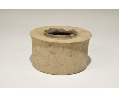 3300-1700 BC. A squat terracotta jar with deep shoulder and raised flange rim; band of polychrome geometric ornament to the s