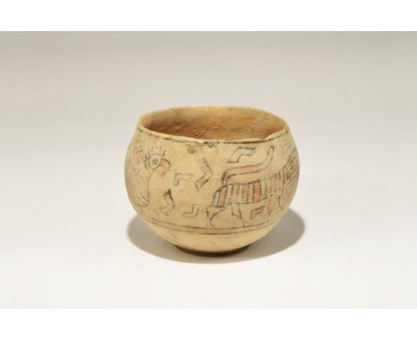 3300-1700 BC. A bulbous terracotta jar with discoid base, polychrome frieze of birds and a quadruped with objects in the fiel