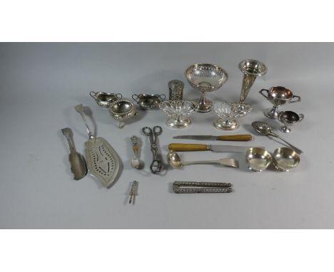 A Tray Containing Various Silver Plated Items to Include Fish Slice, Small Ladle, Teaspoons, Salts, Basket, Vases etc 