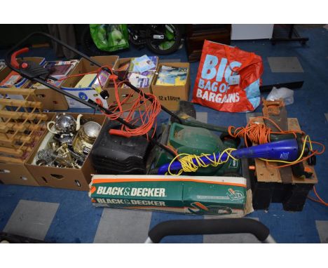 A Black and Decker Workmate Work Box, Qualcast Electric Mower, Strimmers, Tools etc 