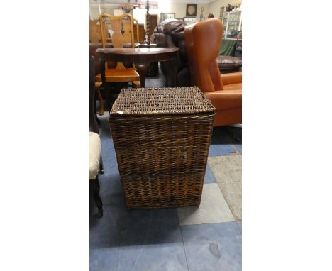 A Wicker Linen Basket with Hinged Lid and Two Ring Carrying Handles, 45cm Wide 