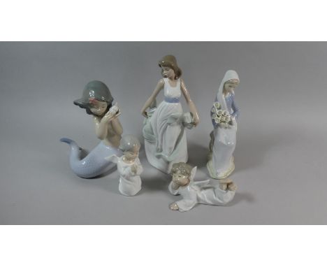 A Collection of Three Lladro and Two Nao Figural Ornaments 