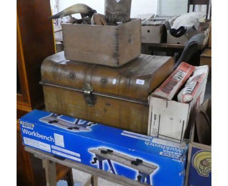A Metal Scumble Glazed Travelling Trunk, 66cm Wide Together with a Box of Carved Wooden Sundries, Tilley Tornado Camping Stov