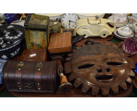 A Tray Containing Various Treenware, Boxes, Egg Timer, Solitaire Game etc 