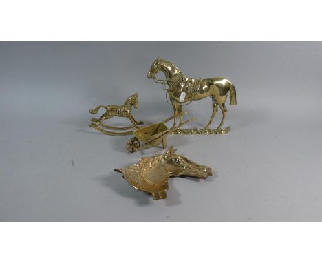 A Collection of Brass to Include Victorian Fireside Horse Ornament, Modern Brass Wheel Barrow, Rocking Horse and Horse Ashtra