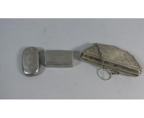 A Silver Plated Ladies Purse, Silver Plated Oval Vesta and a Silver Plated Snuff Box 