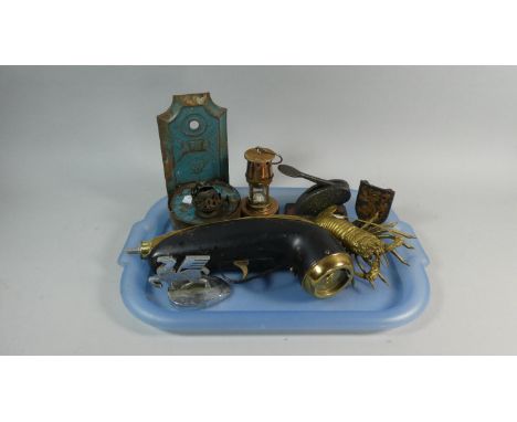 A Vintage Lansing Bagnall Chromed Dragon Paper Weight, Brass Lobster, Tinplate Wall Lamp, Miners Lamp, Letter Press etc 