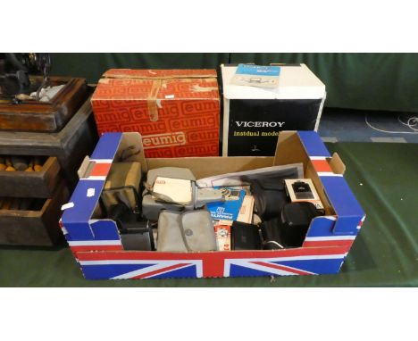 A Box of Various Vintage 35mm and Cine Cameras Together with Viceroy Editor and Eumig Projector 