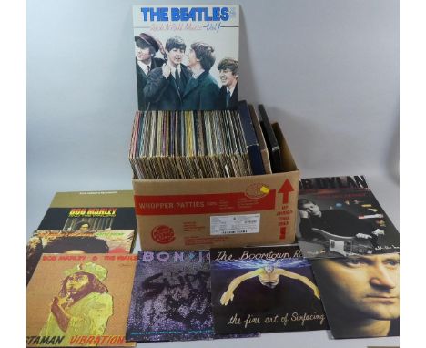 A Collection of 100 LP Records to Include Beatles, Bob Marley X4, Bob Dylan, Bon Jovi, Boomtown Rats, Phil Collins 