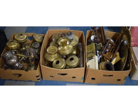 Two Boxes of Brass Oil Lamp Bases and Box of Treen to Include Two Pipe Racks, Gilt Framed Wall Mirror etc 
