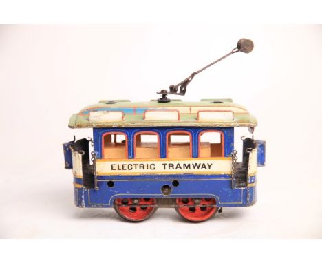 Märklin S 1, W2361 Electric Tramway, Uhrwerk-Starßenbahn-Motorwagen, blau-weiß mit imitiertem Stromabnehmer. Uhrwerk intakt. 