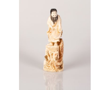 Chinese Bone Sculpture in the figure of a Sage on a Mountainside flanked by a Dragon.  Impressive high quality item.  Signed.