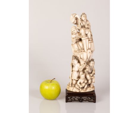 Chinese bone sculpture in a scene of a group of immortals and a girl standing on the mountainside, the item is standing on a 