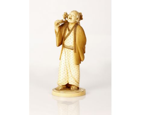 Japanese Meiji (1868-1912) Okimono Bone Sculpture in the figure of an Old Man Holding a Branch and a Basket, the item is pain
