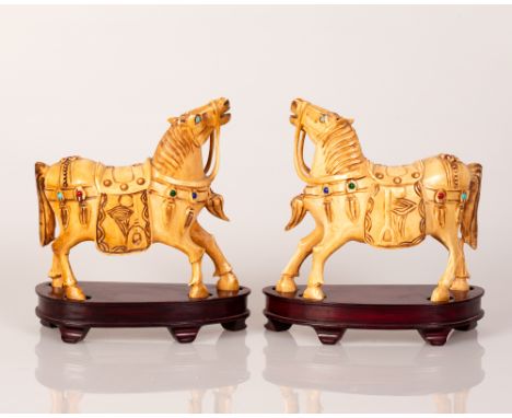 Pair of Bone Horses Set with Colorful Gemstones on a matching wood stand.  Very impressive item.  Horse height including stan