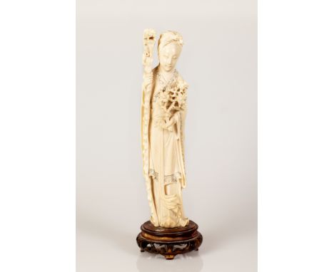 Chinese Bone Sculpture Figure of Beautiful Girl Holding a Long Wand &amp; Flowery Bouquet. The item is of very high quality a