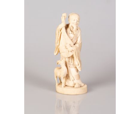 Old Chinese Bone Sculpture in the figure of a Mandolin Player in a traditional robe with a Young Goat.  Unique very high qual