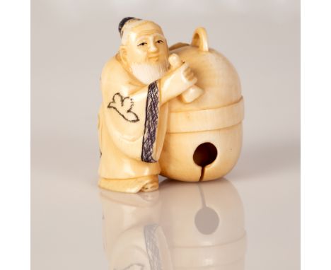 Old Bone Netsuke in the figure of a Sage Holding a Japanese Bell   Item illustrated by hand and signed.    Dimensions: 3X3X3 