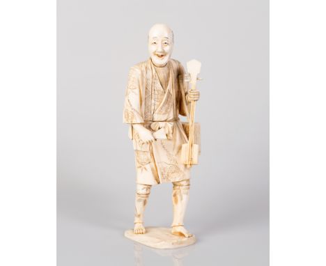 Old Japanese OKIMONO Marine Bone Sculpture in the figure of a Music Player Carrying a Musical Instrument.  Large impressive i
