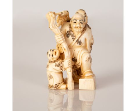 Old Bone Netsuke in the figure fo a Father Holding a Wand and Playing w/ Children.  Item illustrated by hand and signed.  Dim
