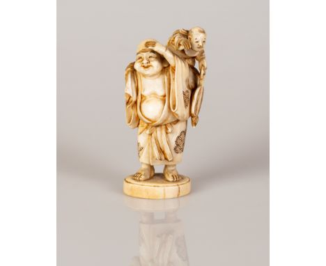 Japanese Okimono Bone Statuette in the figure of Hotei God of Fortune with his son on his back.  Very high quality item, sign