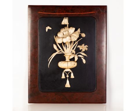 Large sized flower, Chinese bone set with a hangable wall wooden plate.  Impressive rare item.  Dimensions: 40X30 cm.