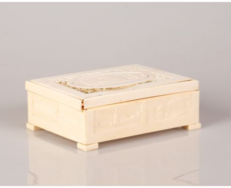 European Bone Box from early 1900s in Taj Mahal Carving.  Indian temple on the lid, surrounded with flowers and different sce