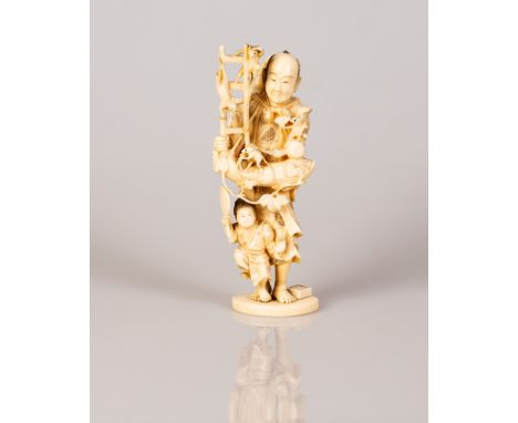 The sculpture depicts a group of mice on a ladder climbing over a father and his son.  Finely crafted carving with much detai