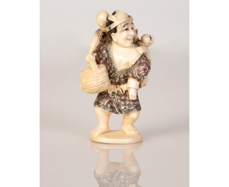Old Bone Netsuke in the figure of a Father with His Children Returning from Fruit Picking.  Item illustrated by hand and sign