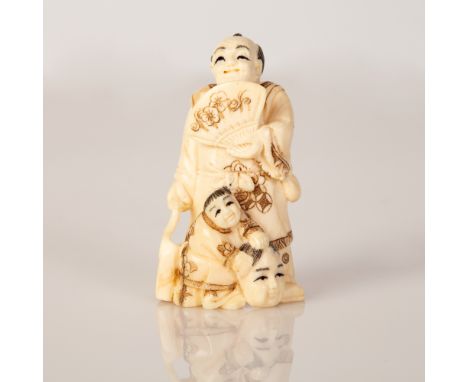Old Bone Netsuke in the figure of a Father and His Son Holding a Fan and a Mask.  Item illustrated by hand and signed.  Dimen