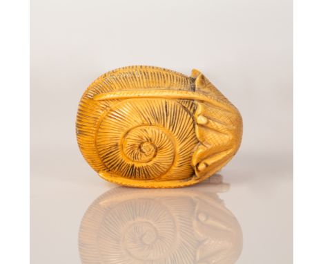 Japanese bone netsuke in the figure of a slug with a hat.  Carved, painted and signed.  Height: 5 cm.