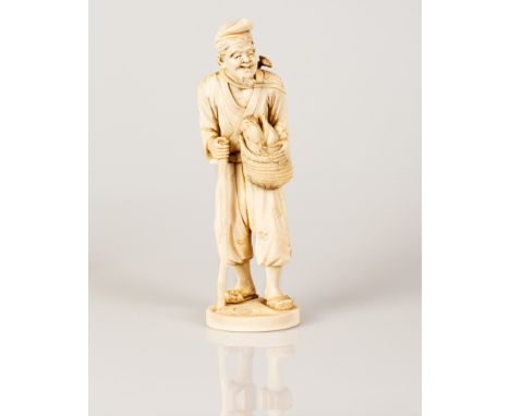 Japanese marine Okimono bone sculpture in the figure of a farmer carrying a basket and sack on his back, high quality item in