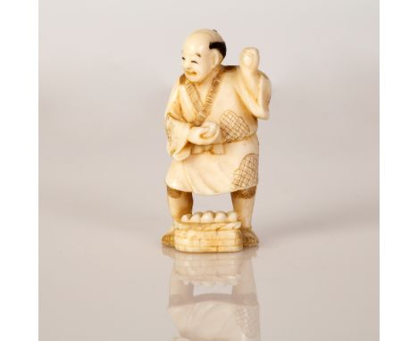 Old Bone Netsuke in the figure of a Vegetable Merchant .     Item illustrated by hand and signed.      Dimensions: 4X2x1 cm.