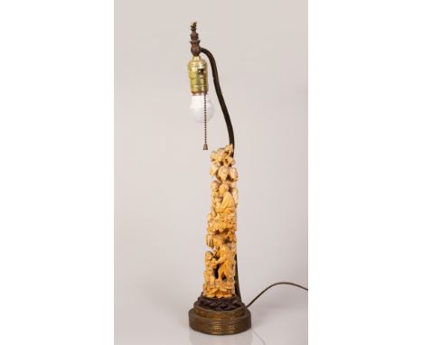 Table Lamp Integrated with an Old Chinese Sculpture in the figure of a Group of Farmers and Fishermen In Trade on a Mountains