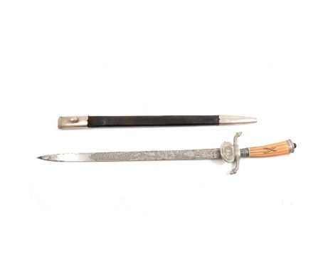 German hunting dagger, by Eickhorn, Solingen, engraved blade with hunting scenes, the wooden handle with brass crossed rifles