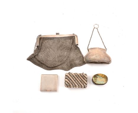 A silver chain mail purse, import marks for London 1917, another purse in the shape of handbag, green material lining, maker'