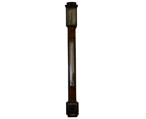 Regency mahogany stick barometer, bow fronted, silver charts, signed Worthington &amp; Allan, London, demi-urn cistern cover,