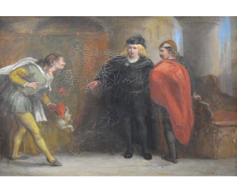 James K Makin , Hamlet, Horatio and Osric - Act 5, oil on board, signed lower right, 30.5cm x 40cm.