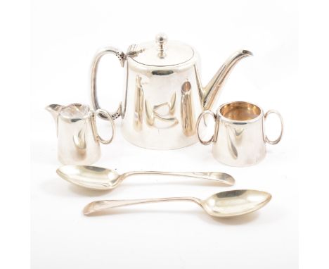 Silver plated part canteen of cutlery, fiddle pattern, other flatware, and a three piece bachelor's teaset.